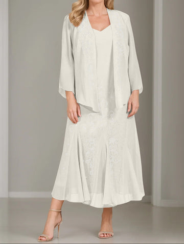 A-Line/Princess 2 Pieces V-Neck Tea-Length Plus Size Mother of the Bride Dresses with Jacket & Sequins