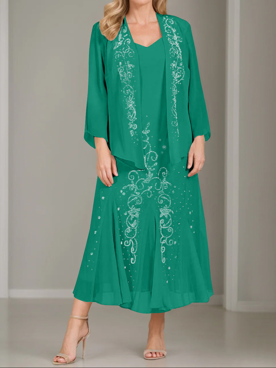 A-Line/Princess 2 Pieces V-Neck Tea-Length Plus Size Mother of the Bride Dresses with Jacket & Sequins