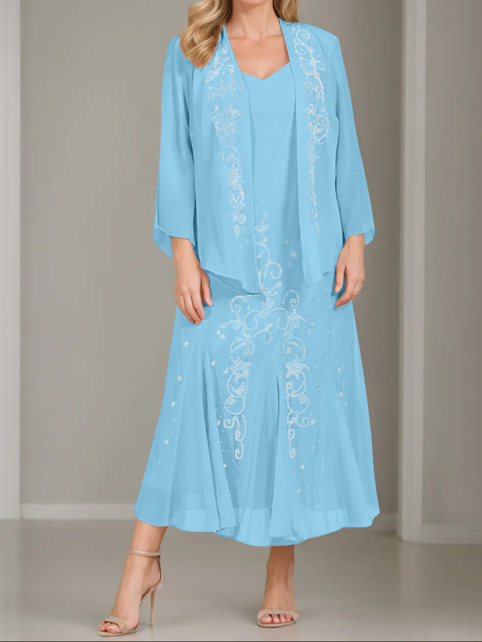 A-Line/Princess 2 Pieces V-Neck Tea-Length Plus Size Mother of the Bride Dresses with Jacket & Sequins