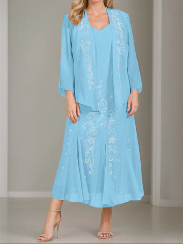 A-Line/Princess 2 Pieces V-Neck Tea-Length Plus Size Mother of the Bride Dresses with Jacket & Sequins