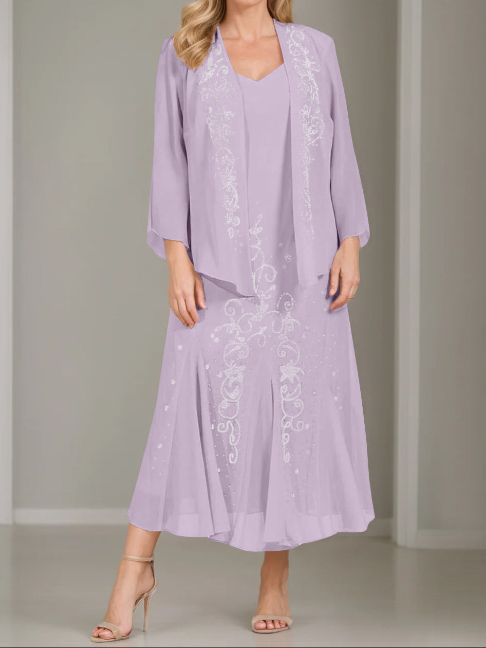 A-Line/Princess 2 Pieces V-Neck Tea-Length Plus Size Mother of the Bride Dresses with Jacket & Sequins