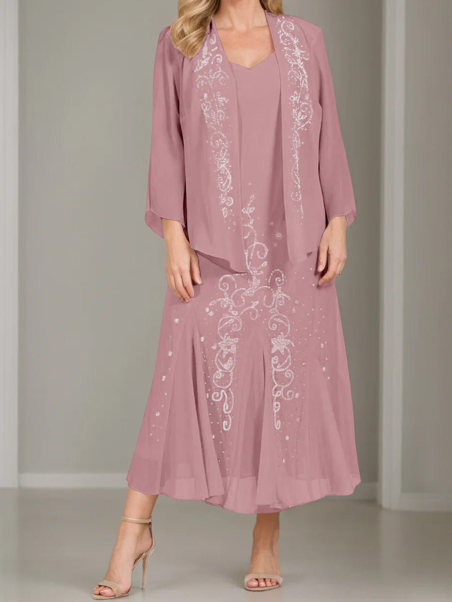 A-Line/Princess 2 Pieces V-Neck Tea-Length Plus Size Mother of the Bride Dresses with Jacket & Sequins
