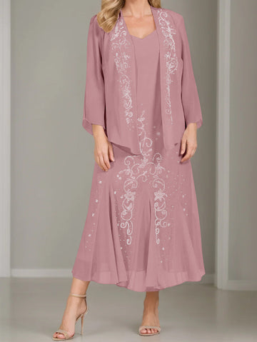 A-Line/Princess 2 Pieces V-Neck Tea-Length Plus Size Mother of the Bride Dresses with Jacket & Sequins