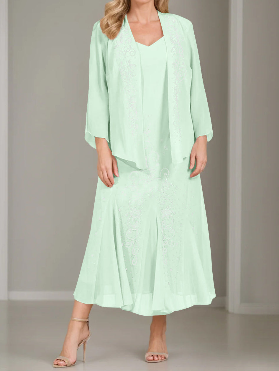 A-Line/Princess 2 Pieces V-Neck Tea-Length Plus Size Mother of the Bride Dresses with Jacket & Sequins