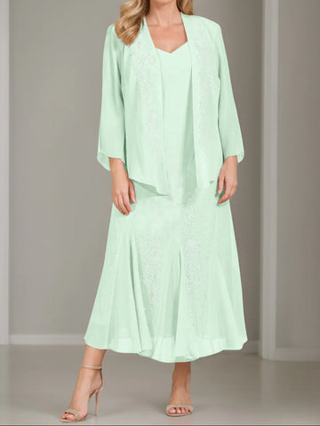 A-Line/Princess 2 Pieces V-Neck Tea-Length Plus Size Mother of the Bride Dresses with Jacket & Sequins