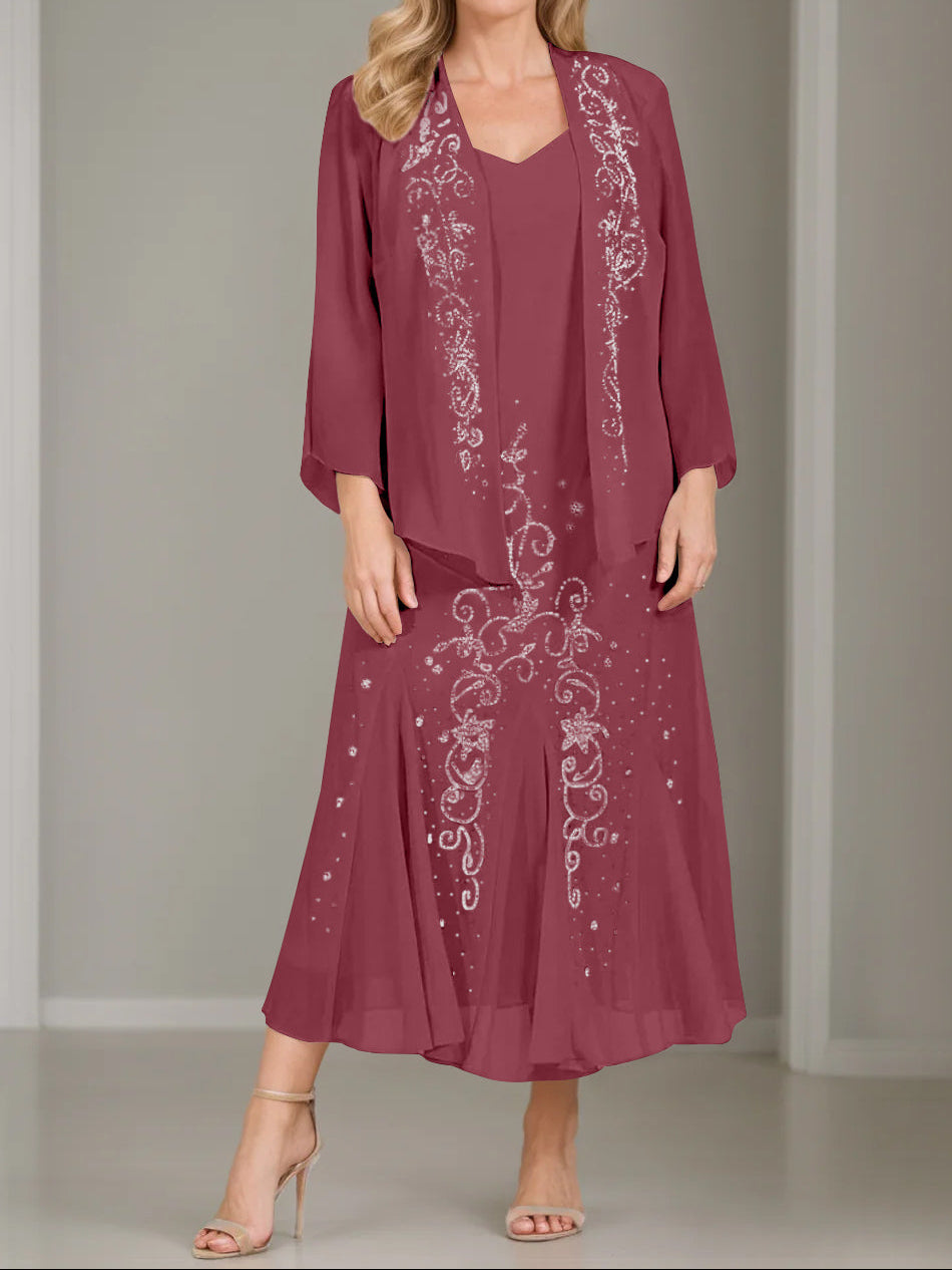 A-Line/Princess 2 Pieces V-Neck Tea-Length Plus Size Mother of the Bride Dresses with Jacket & Sequins