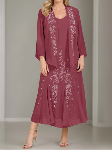 A-Line/Princess 2 Pieces V-Neck Tea-Length Plus Size Mother of the Bride Dresses with Jacket & Sequins
