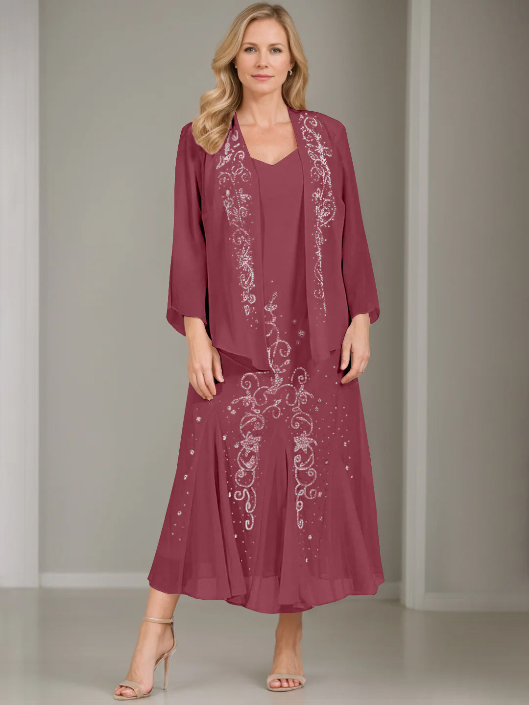 A-Line/Princess 2 Pieces V-Neck Tea-Length Plus Size Mother of the Bride Dresses with Jacket & Sequins