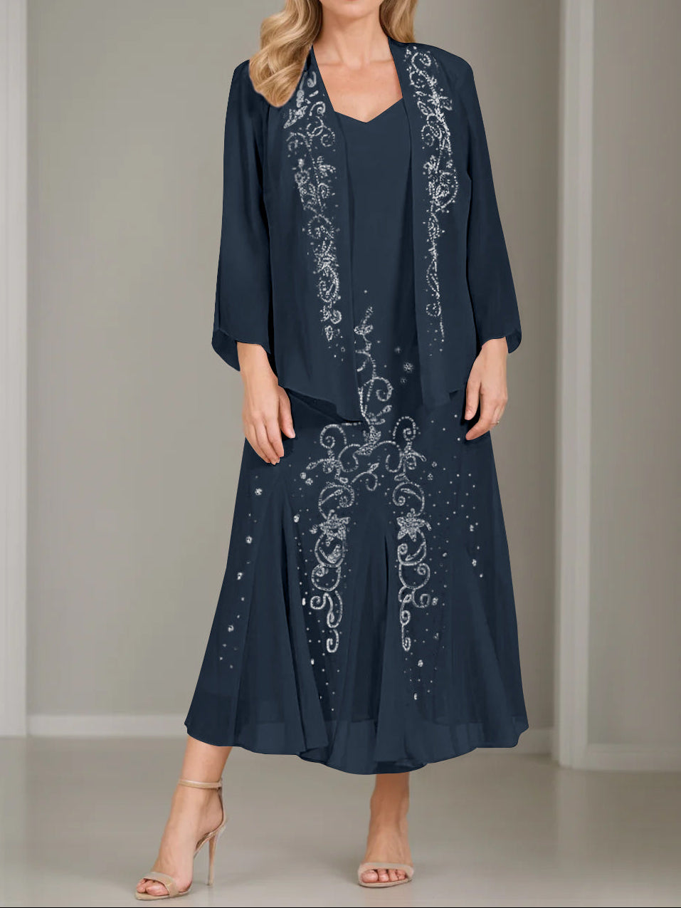 A-Line/Princess 2 Pieces V-Neck Tea-Length Plus Size Mother of the Bride Dresses with Jacket & Sequins