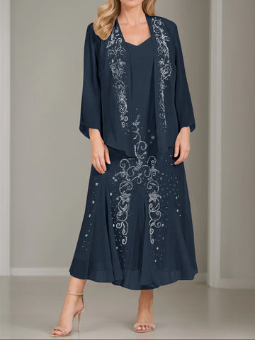 A-Line/Princess 2 Pieces V-Neck Tea-Length Plus Size Mother of the Bride Dresses with Jacket & Sequins