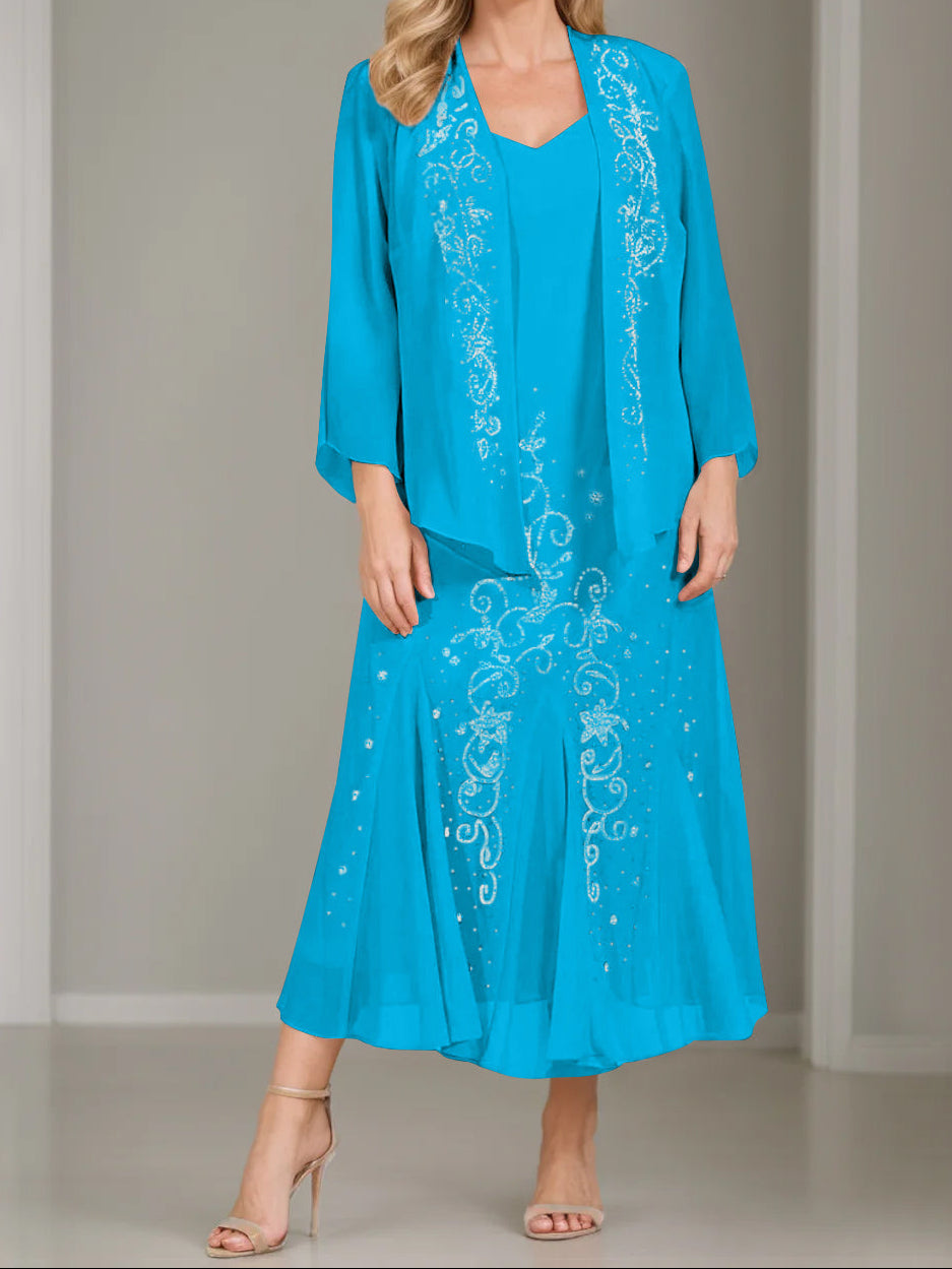A-Line/Princess 2 Pieces V-Neck Tea-Length Plus Size Mother of the Bride Dresses with Jacket & Sequins