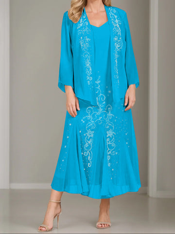 A-Line/Princess 2 Pieces V-Neck Tea-Length Plus Size Mother of the Bride Dresses with Jacket & Sequins