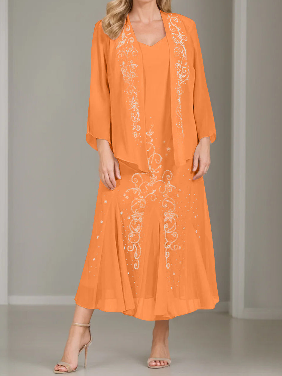 A-Line/Princess 2 Pieces V-Neck Tea-Length Plus Size Mother of the Bride Dresses with Jacket & Sequins