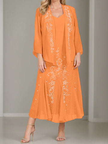 A-Line/Princess 2 Pieces V-Neck Tea-Length Plus Size Mother of the Bride Dresses with Jacket & Sequins