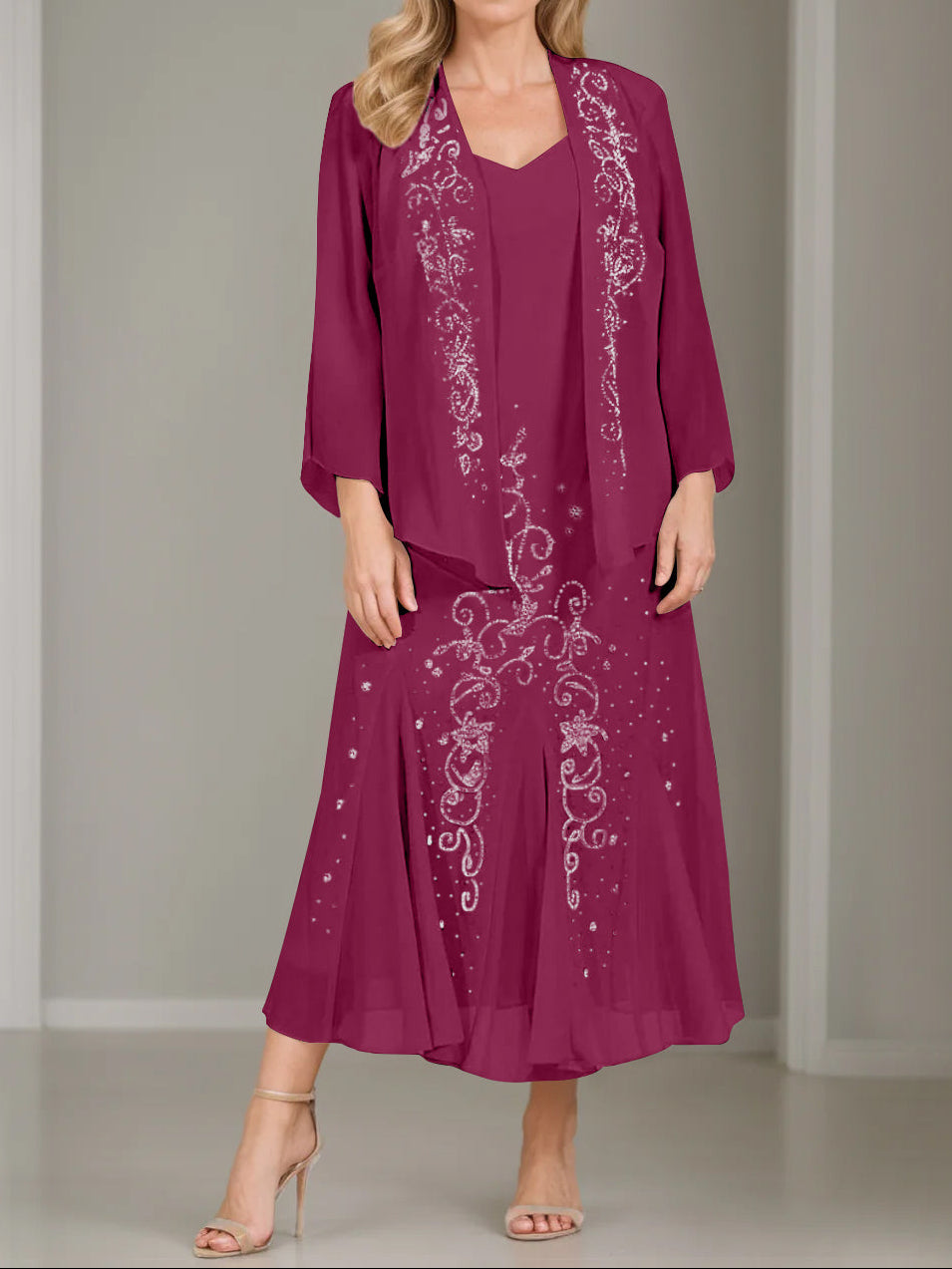 A-Line/Princess 2 Pieces V-Neck Tea-Length Plus Size Mother of the Bride Dresses with Jacket & Sequins