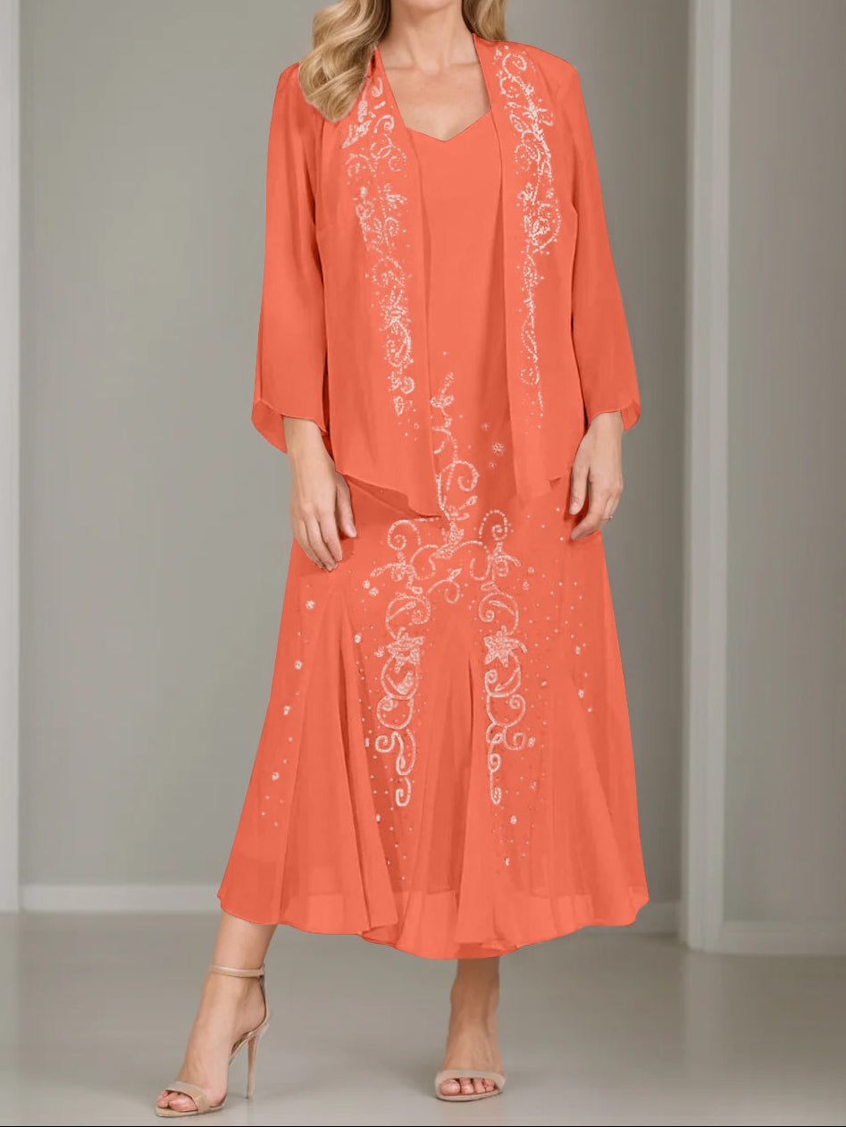 A-Line/Princess 2 Pieces V-Neck Tea-Length Plus Size Mother of the Bride Dresses with Jacket & Sequins