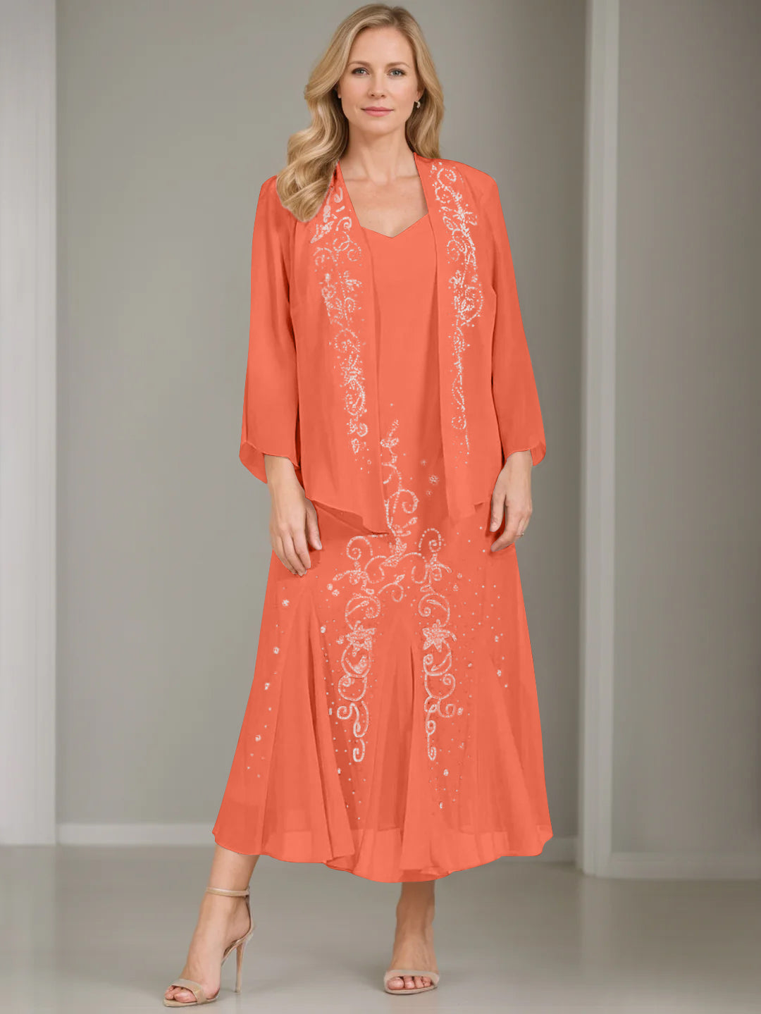 A-Line/Princess 2 Pieces V-Neck Tea-Length Plus Size Mother of the Bride Dresses with Jacket & Sequins