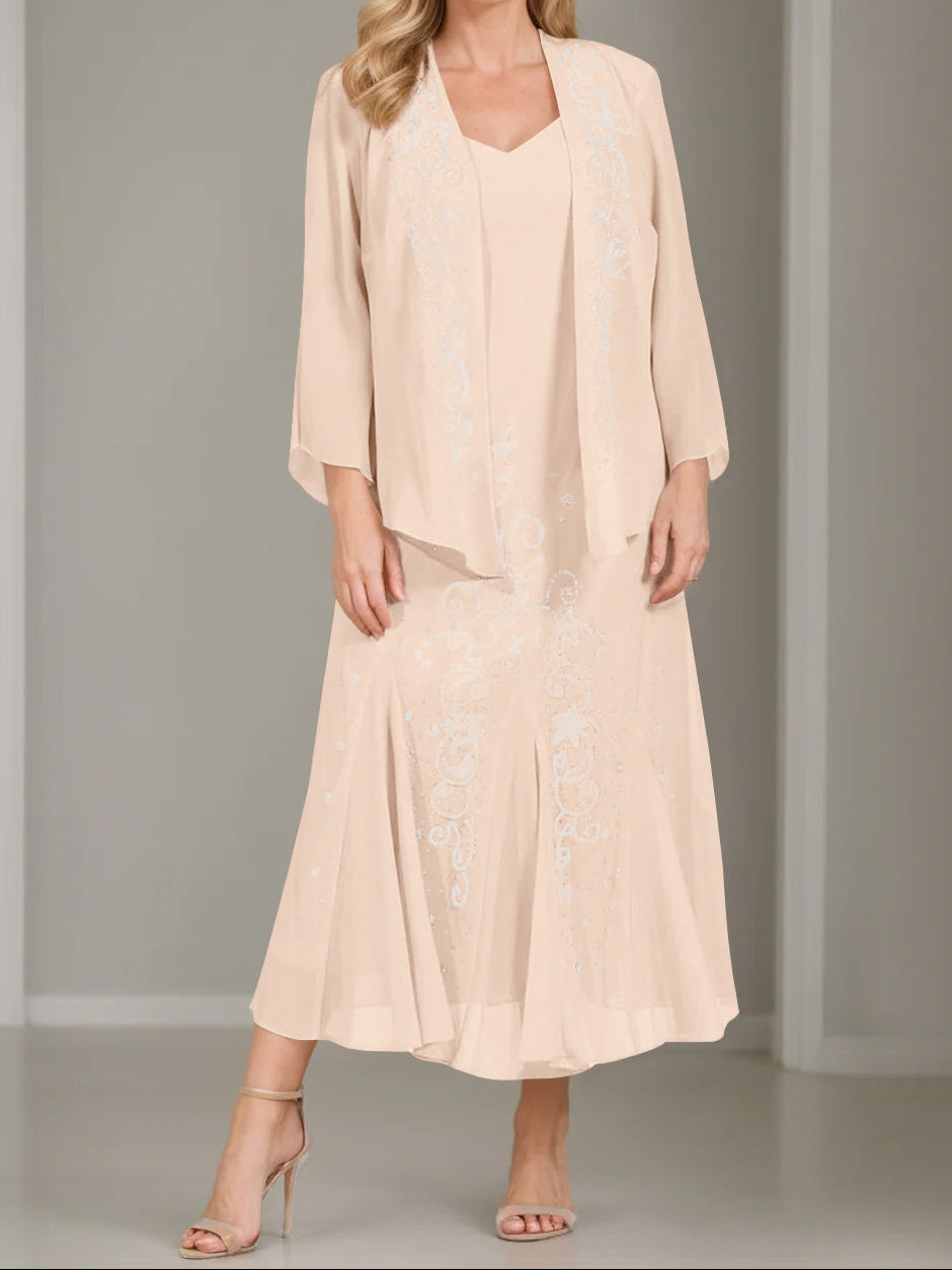 A-Line/Princess 2 Pieces V-Neck Tea-Length Plus Size Mother of the Bride Dresses with Jacket & Sequins