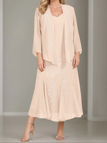 A-Line/Princess 2 Pieces V-Neck Tea-Length Plus Size Mother of the Bride Dresses with Jacket & Sequins