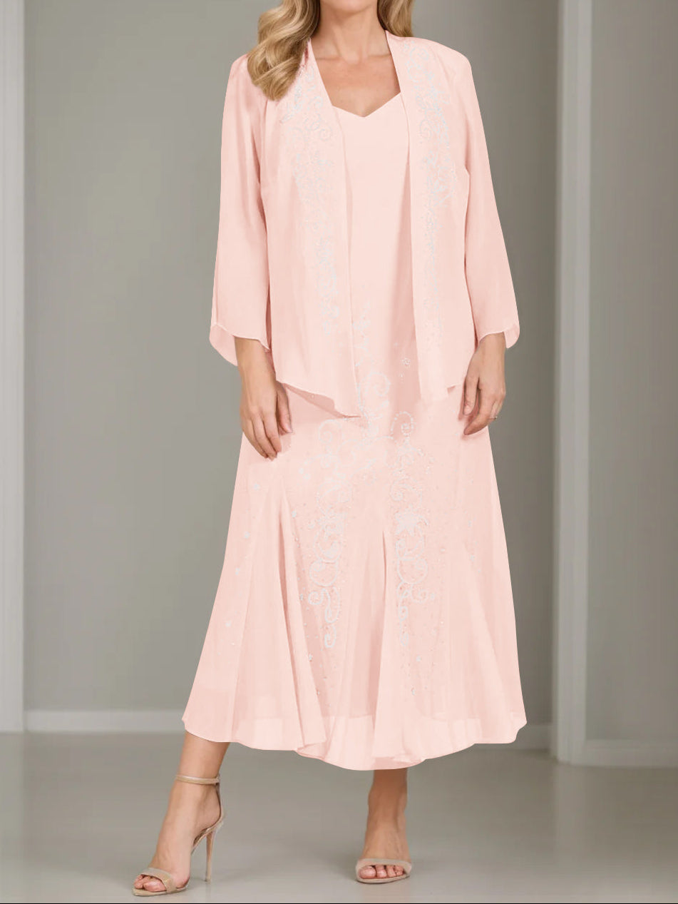 A-Line/Princess 2 Pieces V-Neck Tea-Length Plus Size Mother of the Bride Dresses with Jacket & Sequins