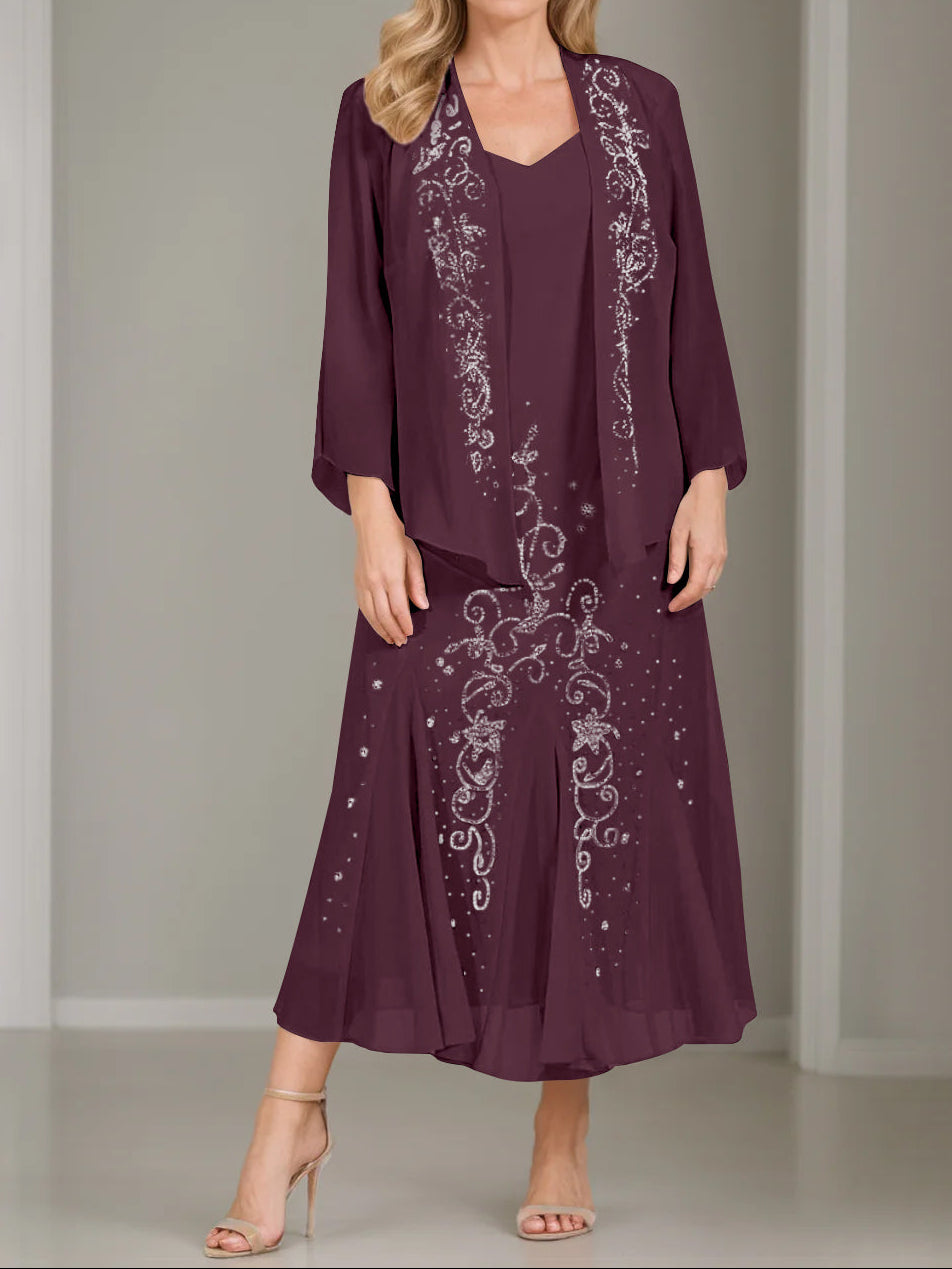 A-Line/Princess 2 Pieces V-Neck Tea-Length Plus Size Mother of the Bride Dresses with Jacket & Sequins