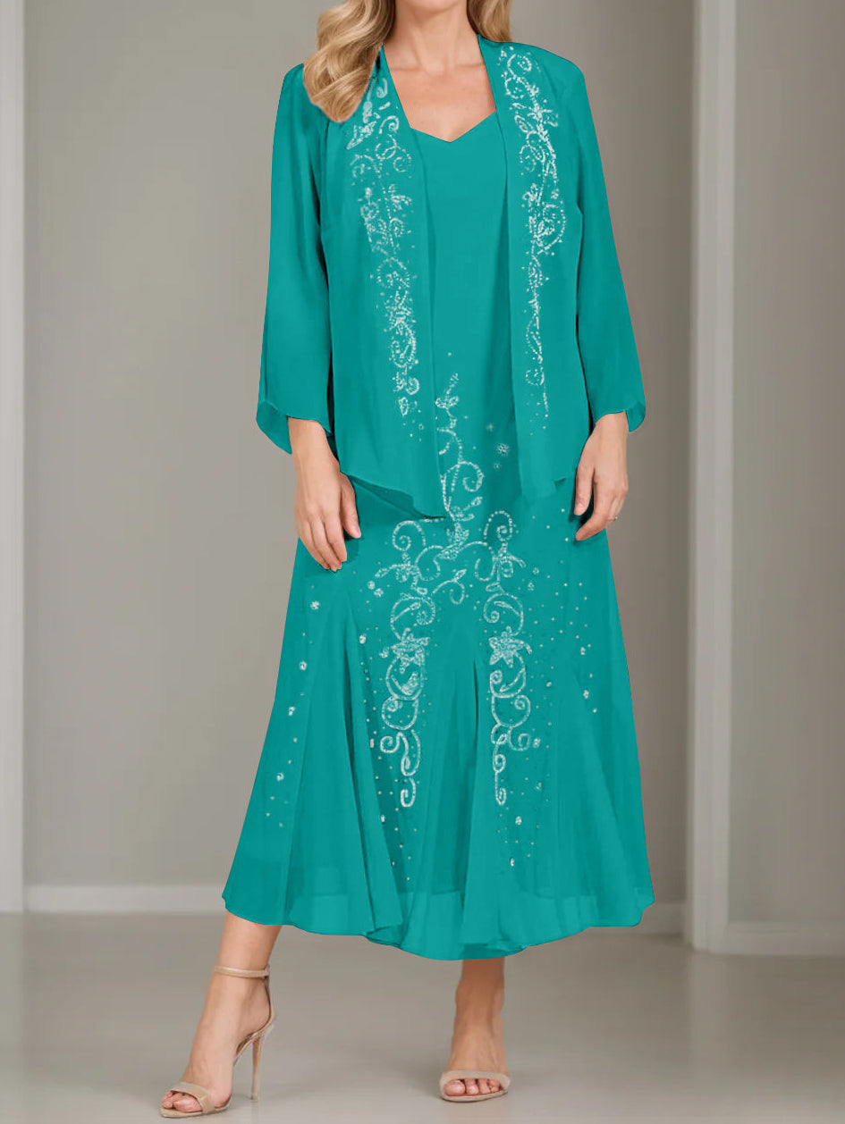 A-Line/Princess 2 Pieces V-Neck Tea-Length Plus Size Mother of the Bride Dresses with Jacket & Sequins