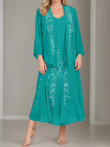 A-Line/Princess 2 Pieces V-Neck Tea-Length Plus Size Mother of the Bride Dresses with Jacket & Sequins