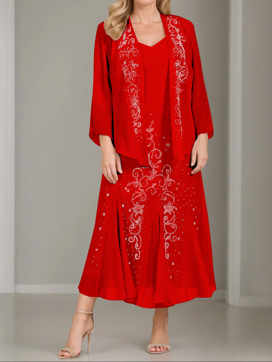 A-Line/Princess 2 Pieces V-Neck Tea-Length Plus Size Mother of the Bride Dresses with Jacket & Sequins