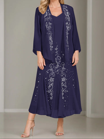 A-Line/Princess 2 Pieces V-Neck Tea-Length Plus Size Mother of the Bride Dresses with Jacket & Sequins