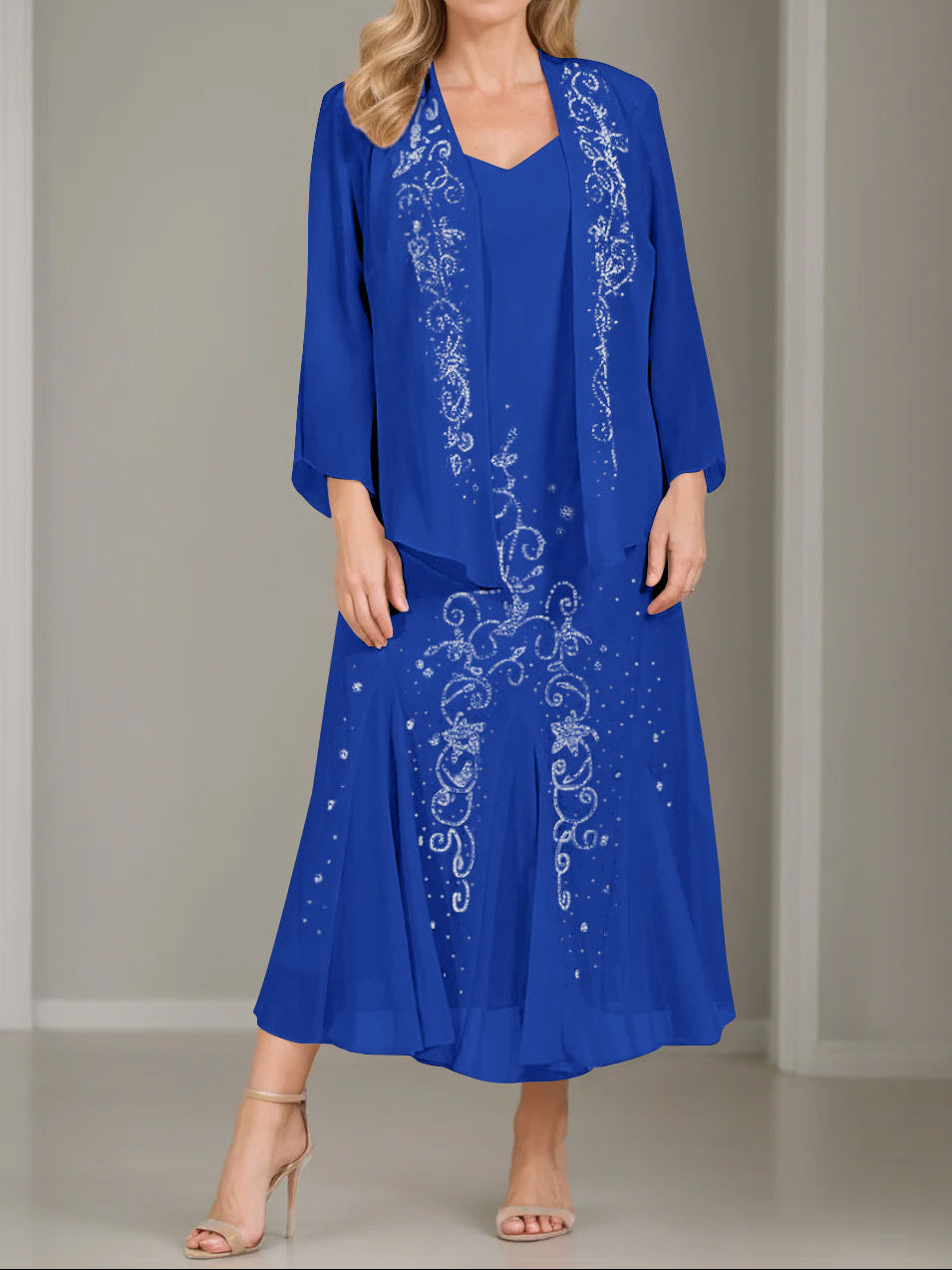 A-Line/Princess 2 Pieces V-Neck Tea-Length Plus Size Mother of the Bride Dresses with Jacket & Sequins