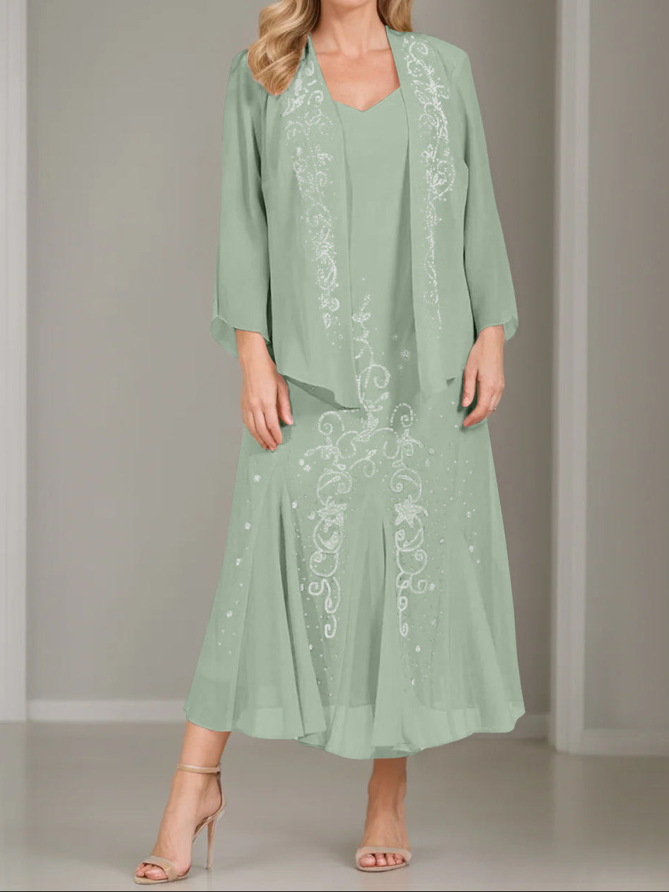 A-Line/Princess 2 Pieces V-Neck Tea-Length Plus Size Mother of the Bride Dresses with Jacket & Sequins