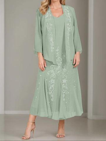 A-Line/Princess 2 Pieces V-Neck Tea-Length Plus Size Mother of the Bride Dresses with Jacket & Sequins