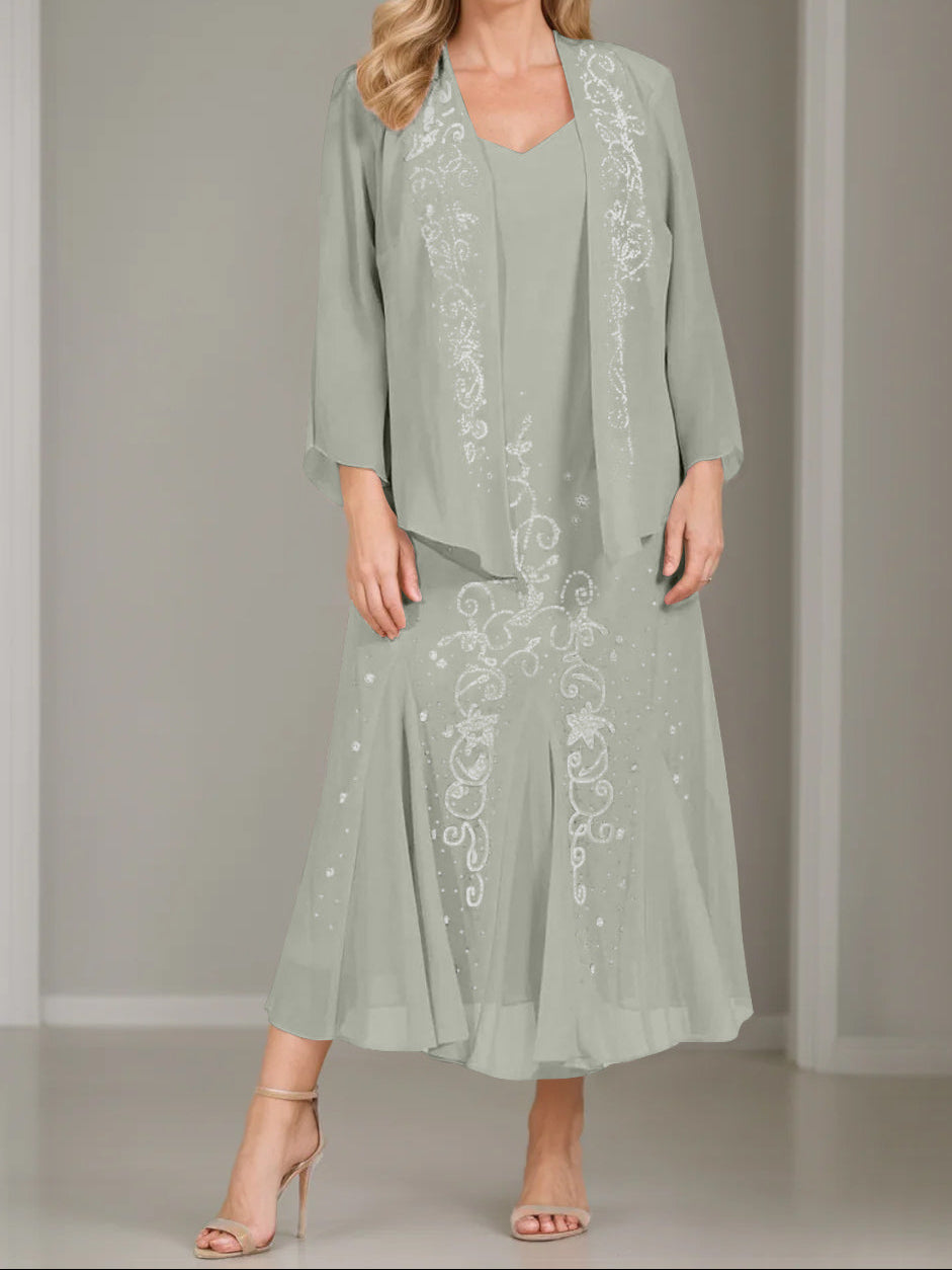 A-Line/Princess 2 Pieces V-Neck Tea-Length Plus Size Mother of the Bride Dresses with Jacket & Sequins
