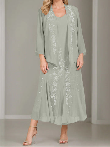 A-Line/Princess 2 Pieces V-Neck Tea-Length Plus Size Mother of the Bride Dresses with Jacket & Sequins