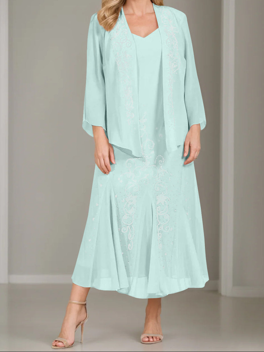 A-Line/Princess 2 Pieces V-Neck Tea-Length Plus Size Mother of the Bride Dresses with Jacket & Sequins