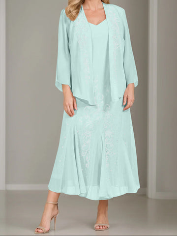 A-Line/Princess 2 Pieces V-Neck Tea-Length Plus Size Mother of the Bride Dresses with Jacket & Sequins