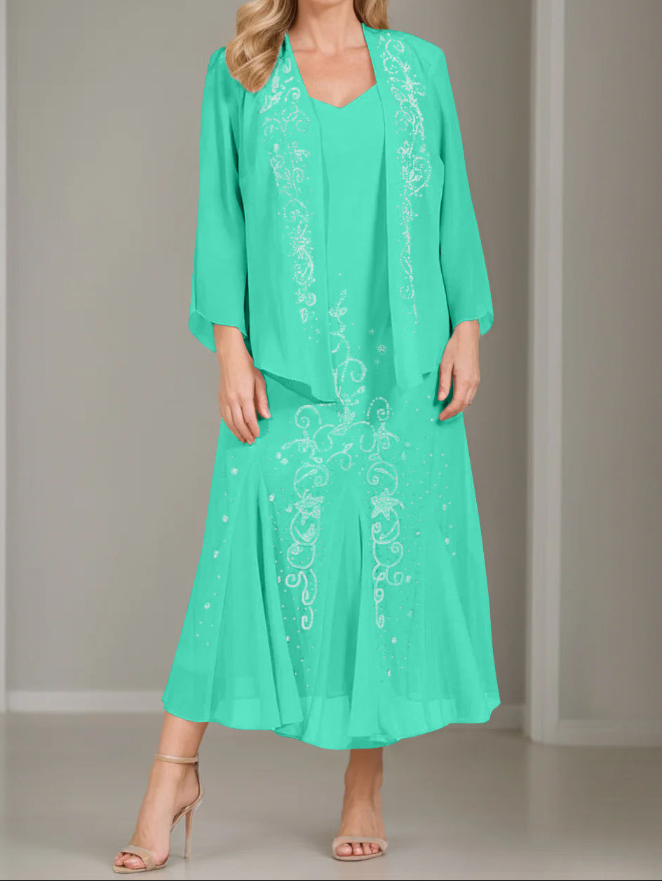 A-Line/Princess 2 Pieces V-Neck Tea-Length Plus Size Mother of the Bride Dresses with Jacket & Sequins
