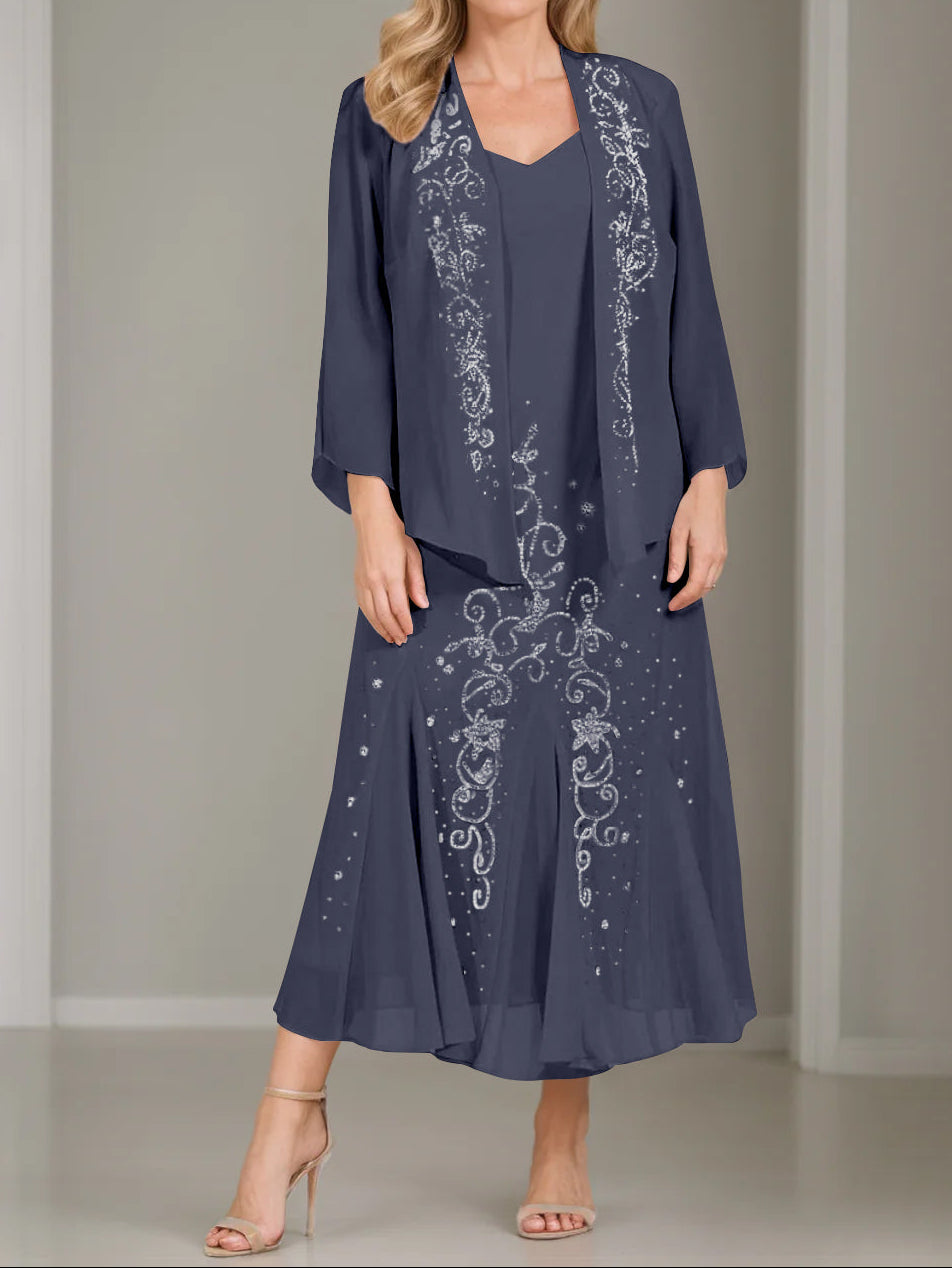 A-Line/Princess 2 Pieces V-Neck Tea-Length Plus Size Mother of the Bride Dresses with Jacket & Sequins