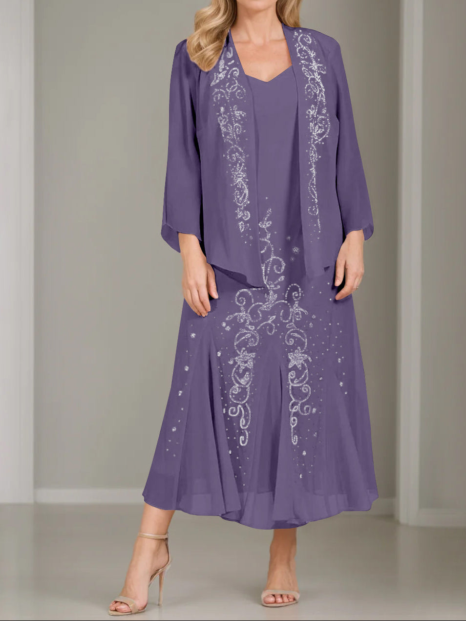 A-Line/Princess 2 Pieces V-Neck Tea-Length Plus Size Mother of the Bride Dresses with Jacket & Sequins