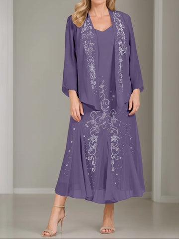 A-Line/Princess 2 Pieces V-Neck Tea-Length Plus Size Mother of the Bride Dresses with Jacket & Sequins