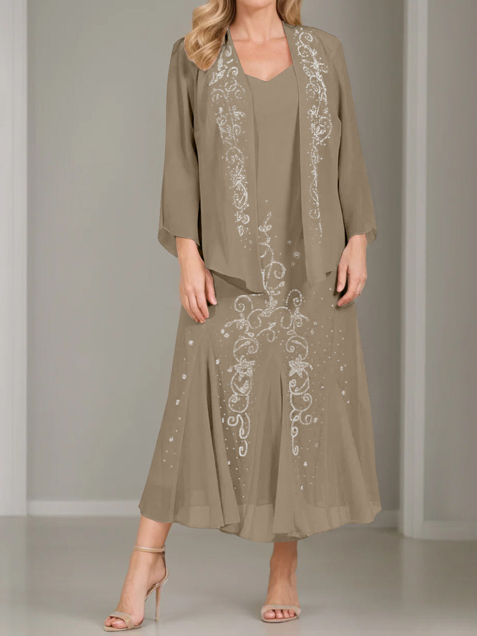 A-Line/Princess 2 Pieces V-Neck Tea-Length Plus Size Mother of the Bride Dresses with Jacket & Sequins