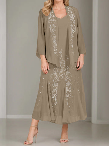 A-Line/Princess 2 Pieces V-Neck Tea-Length Plus Size Mother of the Bride Dresses with Jacket & Sequins