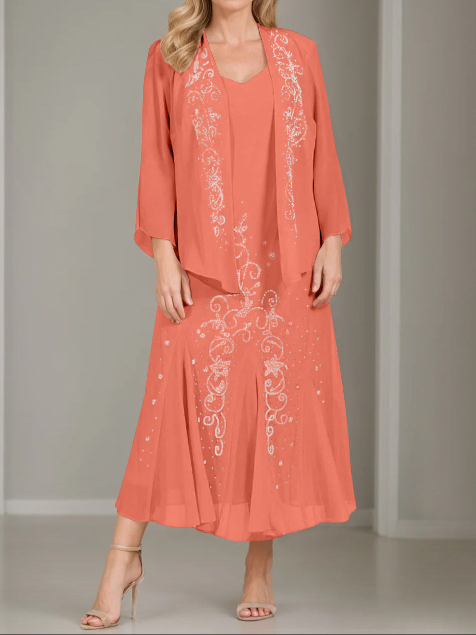 A-Line/Princess 2 Pieces V-Neck Tea-Length Plus Size Mother of the Bride Dresses with Jacket & Sequins