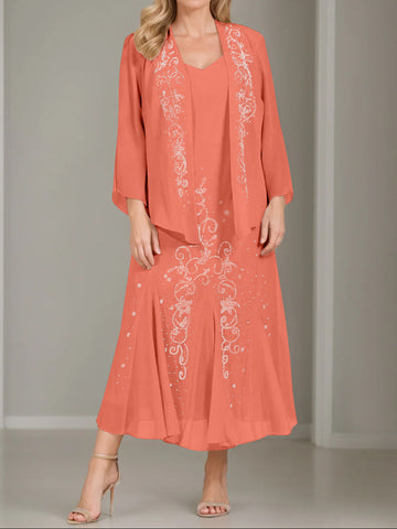 A-Line/Princess 2 Pieces V-Neck Tea-Length Plus Size Mother of the Bride Dresses with Jacket & Sequins