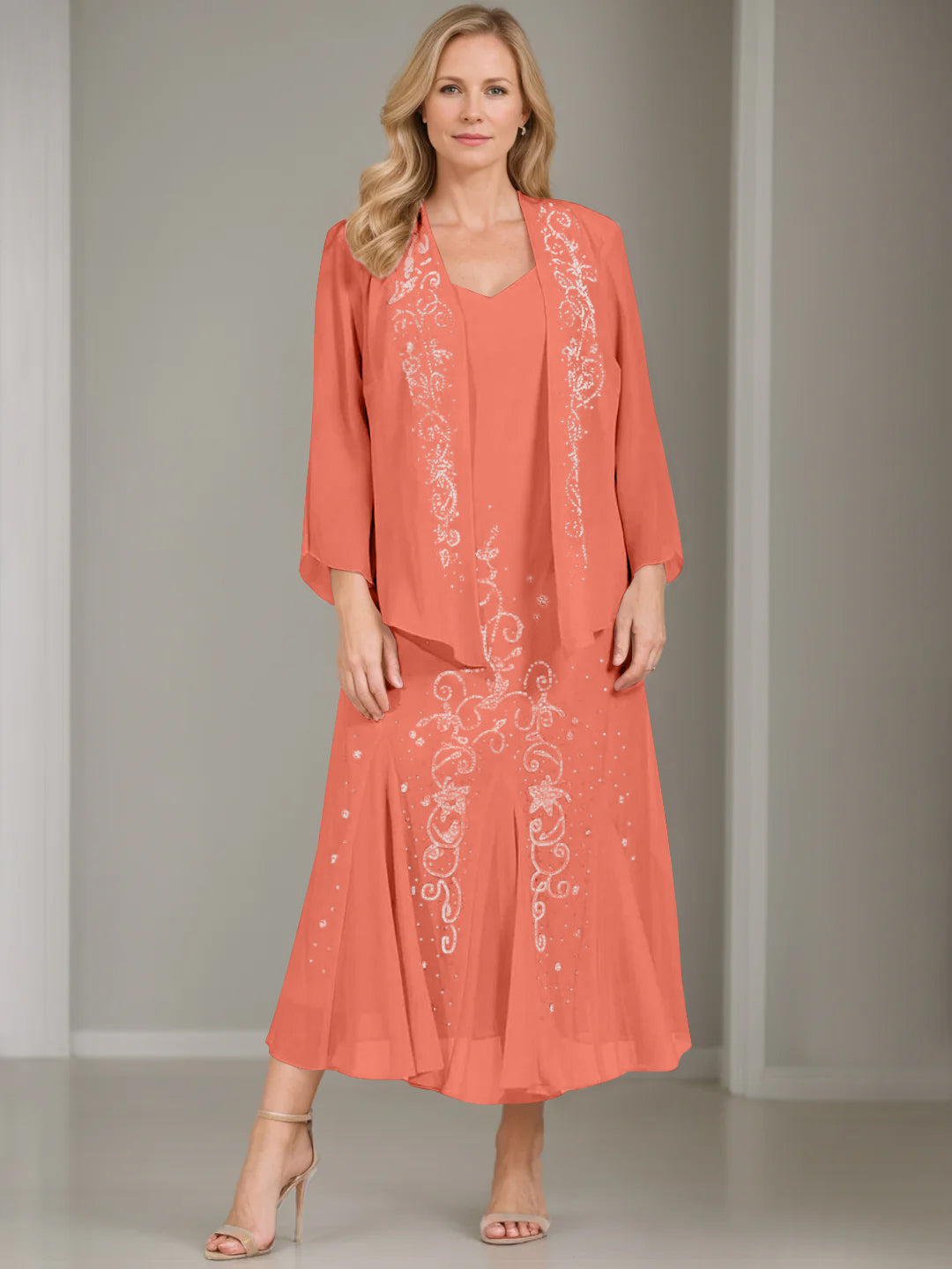 A-Line/Princess 2 Pieces V-Neck Tea-Length Plus Size Mother of the Bride Dresses with Jacket & Sequins