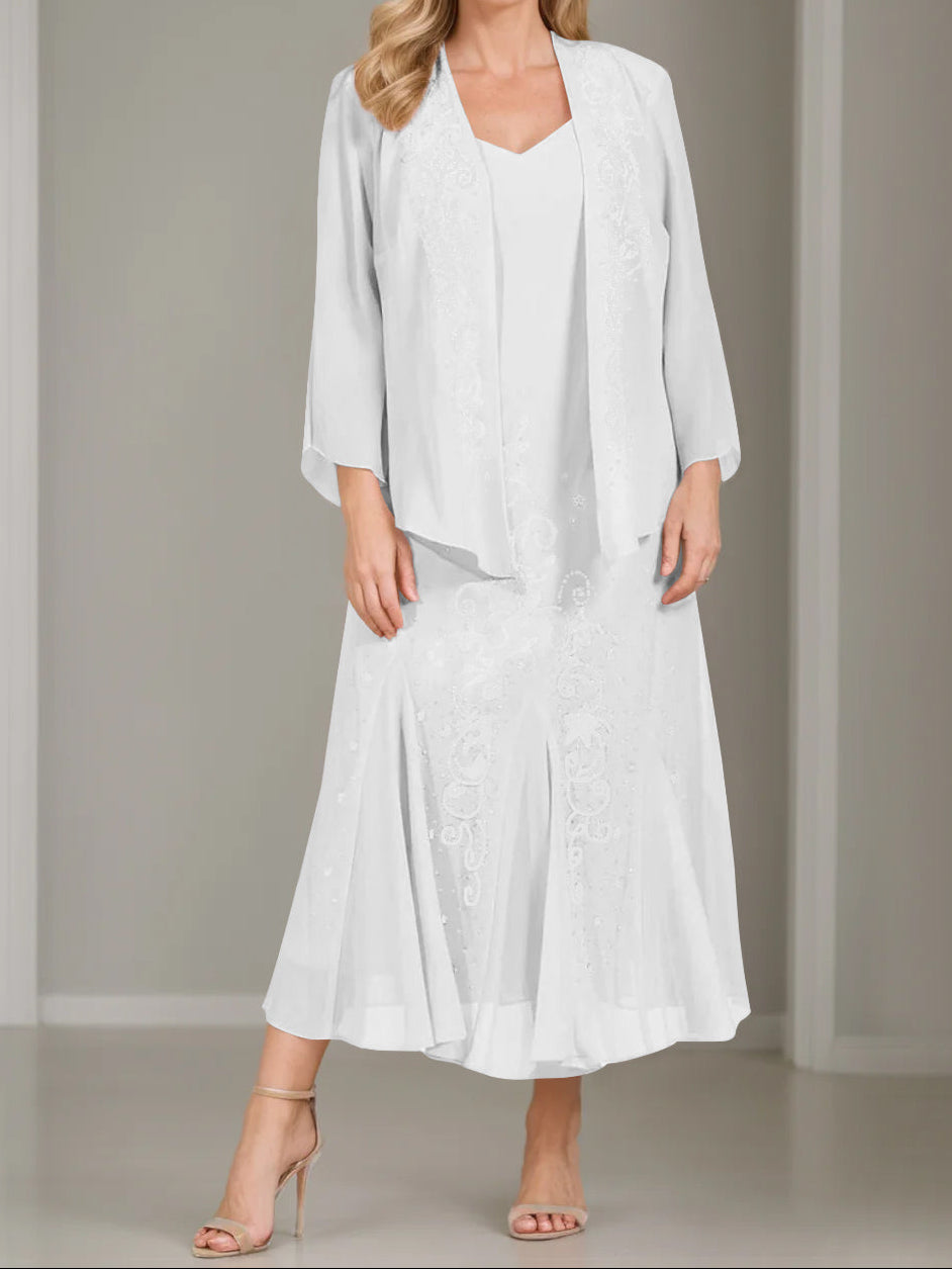 A-Line/Princess 2 Pieces V-Neck Tea-Length Plus Size Mother of the Bride Dresses with Jacket & Sequins