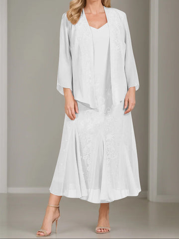 A-Line/Princess 2 Pieces V-Neck Tea-Length Plus Size Mother of the Bride Dresses with Jacket & Sequins