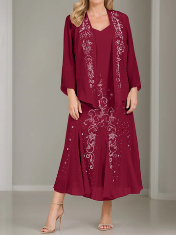 A-Line/Princess 2 Pieces V-Neck Tea-Length Plus Size Mother of the Bride Dresses with Jacket & Sequins