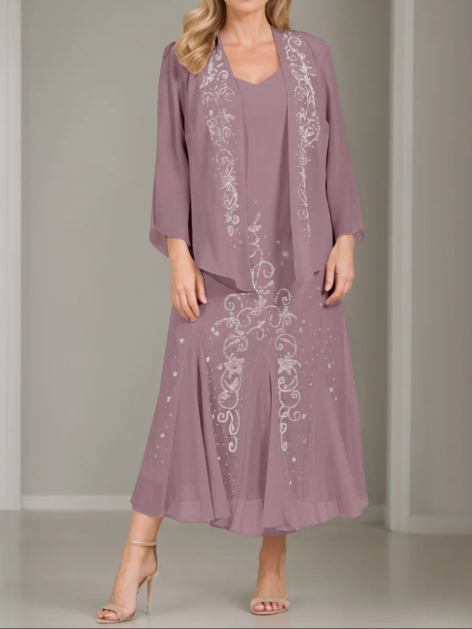 A-Line/Princess 2 Pieces V-Neck Tea-Length Plus Size Mother of the Bride Dresses with Jacket & Sequins