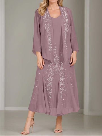 A-Line/Princess 2 Pieces V-Neck Tea-Length Plus Size Mother of the Bride Dresses with Jacket & Sequins